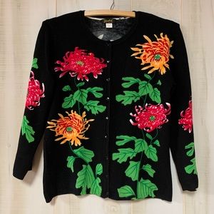 Elizabeth NY Black Floral Beaded Sequin Cardigan M